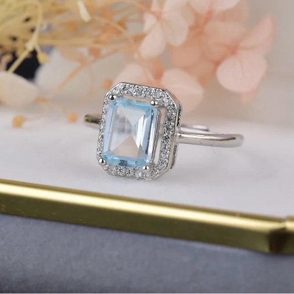 Natural Blue Topaz Rings, Genuine Gemstone Ring, Silver Plated Adjustable Ring - Picture 3 of 3